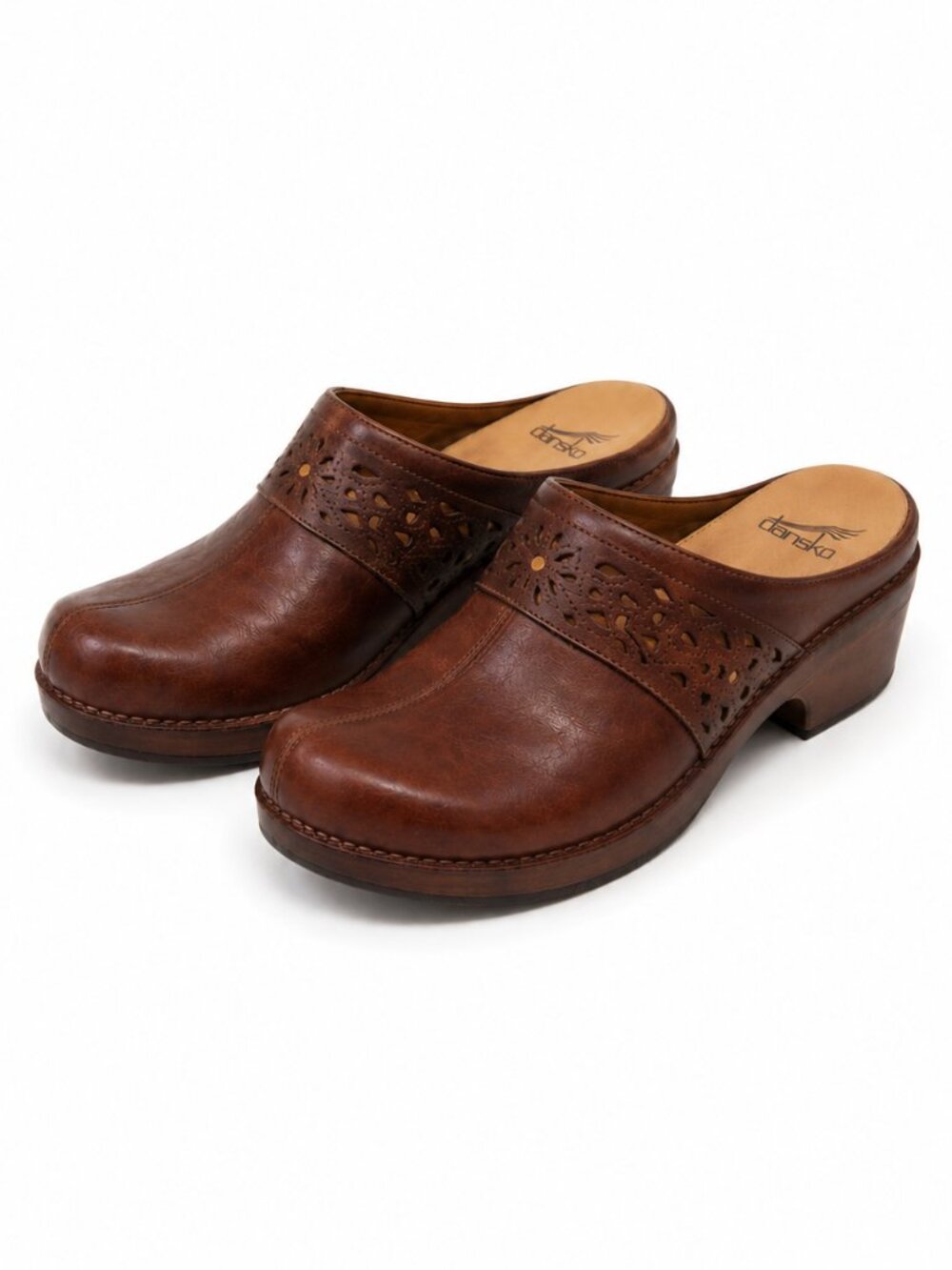 Dansko Tooled Leather Clogs Women's 38 US 7.5 8 Brown Walnut Cutout Mule Comfort